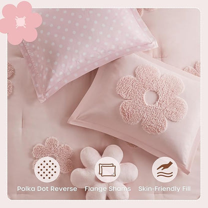 Intelligent Design Kids Queen Comforter Set for Girls, Tufted Chenille Floral Comforter Set Queen, Lightweight Polka Dot Comforter Reversible Bed Set, Sham, Pillow, Gracie, Full/Queen Pink 4 Piece
