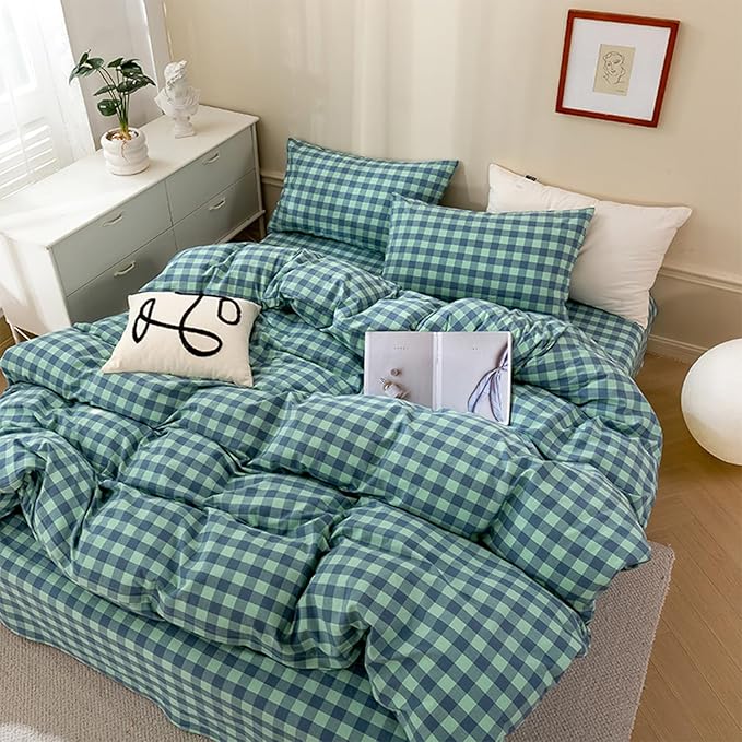 EAVD Modern Style Grid Plaid Duvet Cover King Soft Cotton Blue Green Grid Plaid Bedding Set with 2 Pillowcases Reversible Checkered Geometric Duvet Cover with Zipper Closure