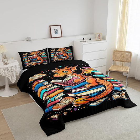 Western Dragon Comforter Set Queen Size,Glitter Star Polka Dot Bedding Set for Kids Boys Girls Room Decor,Magic Book Cartoon Animal Pattern Duvet Insert 3Pcs,Wildlife Black Quilt Set,2 Pillowcases