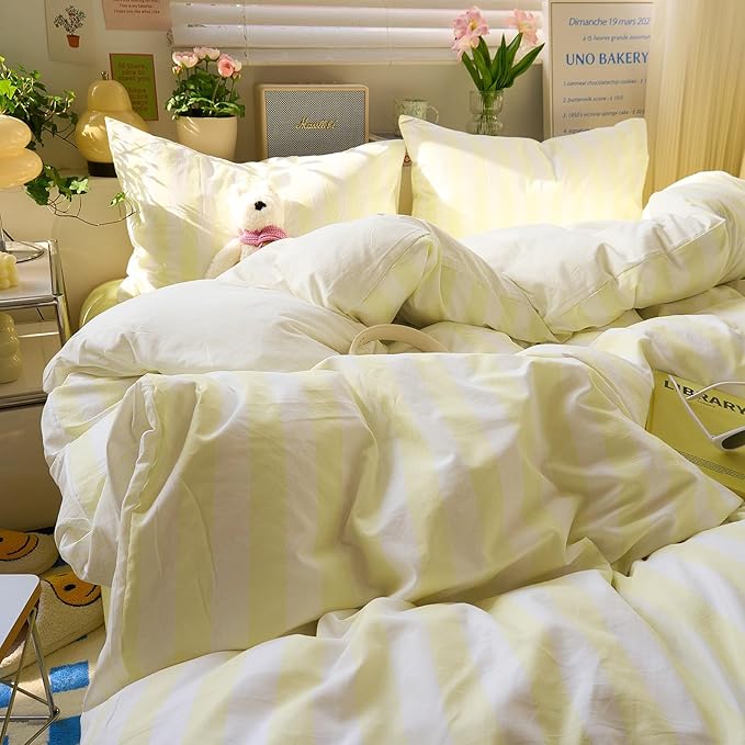 EAVD Yellow and White Vertical Striped Duvet Cover Queen Soft Washed Microfiber Farmhouse Yellow Striped Bedding Set with 2 Pillowcases Reversible Geometric Pattern Duvet Cover with Zipper Closure