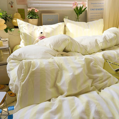 EAVD Yellow and White Vertical Striped Duvet Cover Queen Soft Washed Microfiber Farmhouse Yellow Striped Bedding Set with 2 Pillowcases Reversible Geometric Pattern Duvet Cover with Zipper Closure