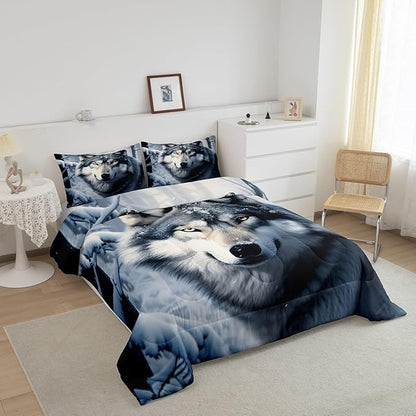 Castle Fairy Wolf Comforter Set Queen Size,Nature Wild Animals Quilt Set 3pcs,3D Print Winter Snow View Bedding Set for Kids Teens Adults Home Decor,White Black Microfiber with 2 Pillowcases