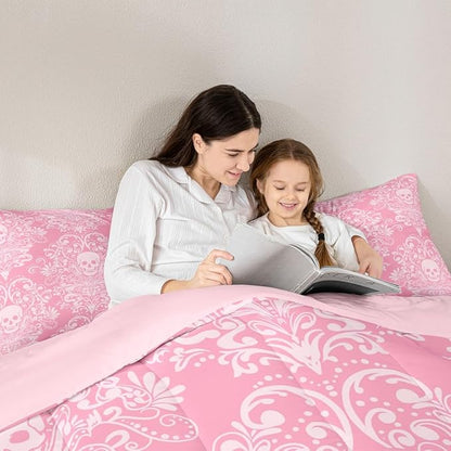 Feelyou Adults Gothic Skull Bedding Set Twin Size Kids Damask Print Comforter Goth Bohemian Duvet Breathable Soft Lightweight Microfiber Pink White Room Decor with 1 Pillowcase