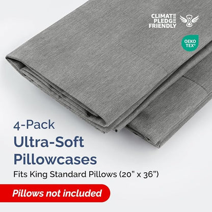 King Standard Pillow Cases Set of 4 - Soft Hotel Quality Pillowcase Covers - Comfy Bedding for Women, Men, Kids & Teens - Machine Washable Pillow Protectors - 4 Piece - King Standard Heathered Grey