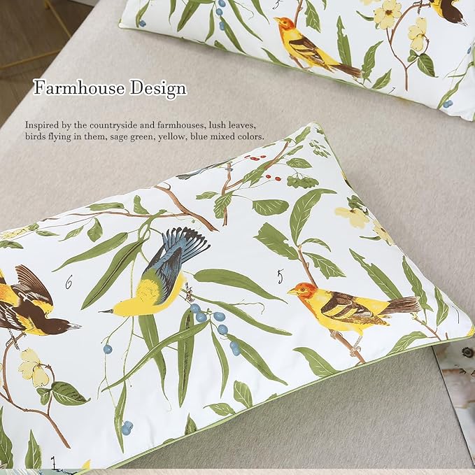 WINLIFE 100% Cotton Pillowcases Queen 2 Pillow Cases Decorative Farmhouse Green Leaves Birds Printed Pillow Cover Set of 2 (Queen 20x30'', Birds)