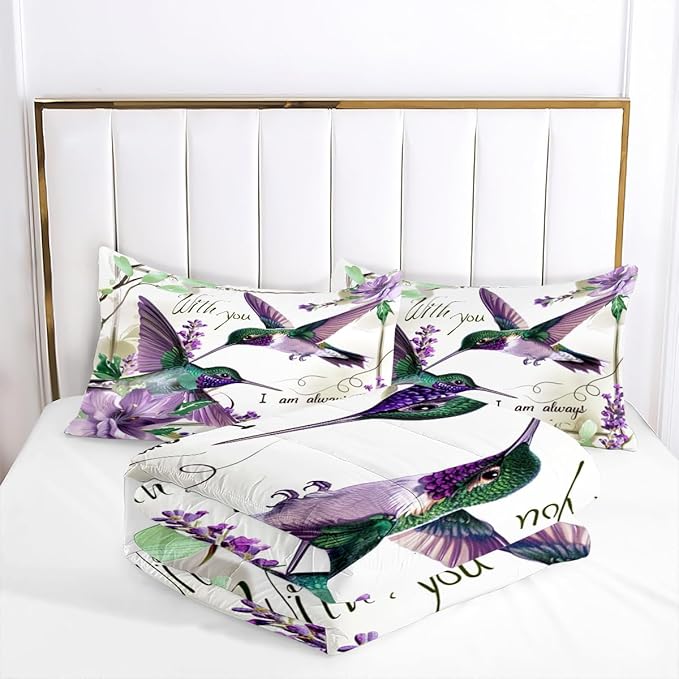 Hummingbird Comforter Set Queen Size Purple Floral Bird Bedding Set Tropical Birds Comforter Modern Aesthetic Bedding Teen Girls Boys Soft Down Alternative Comforter Sets for All Season