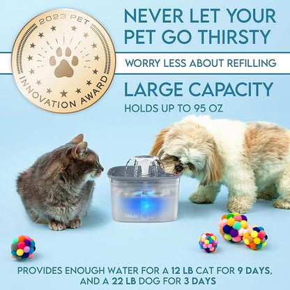 Veken Innovation Award Winner 95oz/2.8L Cat Water Fountain | Automatic Pet Fountain Dog Water Dispenser with Replacement Filters & Silicone Mat for Cats, Dogs (Transparent Grey)
