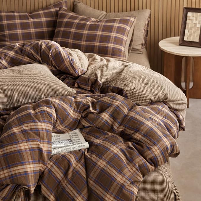 EAVD Vintage Gingham Comforter Set Queen Brown Blue Red Grid Checked Bedding Set Soft 100% Muslin Cotton Retro Brown Plaid Comforter Set with 2 Pillowcases Farmhouse Plaid Bedding Set for All-Season