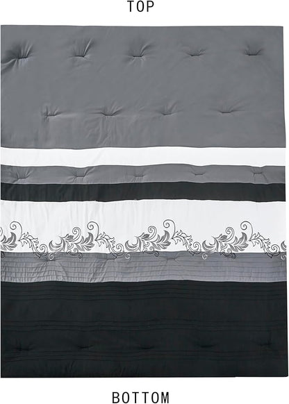 Chezmoi Collection Napa 7-Piece Luxury Leaves Scroll Embroidery Bedding Comforter Set (King, Black/Gray/White)