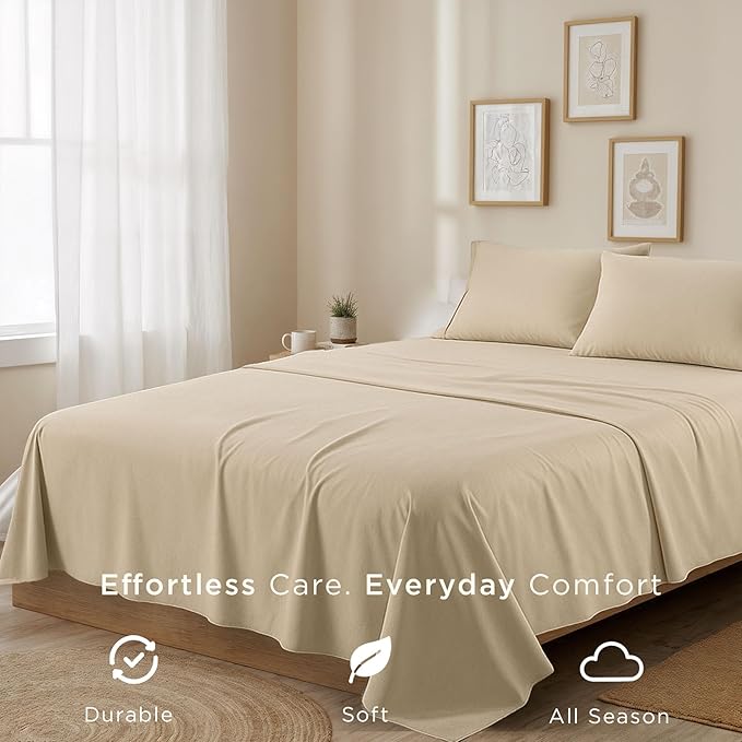 Threadmill Cotton Twin XL Sheet Set | 100% Cotton Sheets for Twin XL Size Bed | Solid Sateen Twin XL Bed Sheets Set with 16” Deep Pocket | Soft Breathable 3-Piece Cooling Sheet Set | Beige