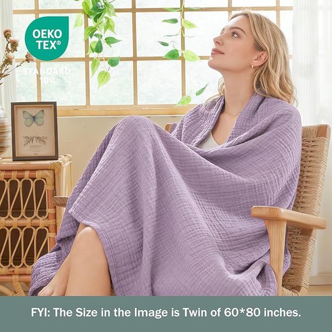 EMME Cotton Blanket Queen Size for Bed Soft Large Muslin Bed Blankets 90"x90" Lightweight Breathable All Season Gauze, Lavender