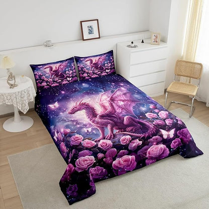 Pink Dragon Comforter Set Full Size,Rose Flower Galaxy Butterfly Bedding Set for Kids Boys Girls Room Decor,Wild Animal Nature Quilt Set,Glitter Starry Sky Fantasy Duvet Insert 3Pcs,2 Pillowcases