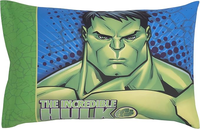 NoJo Marvel The Incredible Hulk Green, and Blue 4 Piece Toddler Bed Set - Comforter, Fitted Bottom Sheet, Flat Top Sheet, and Reversible Pillowcase