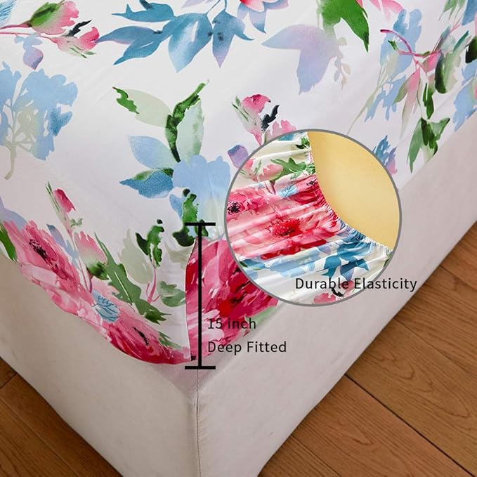 JSD Watercolor Rose Floral Sheet Set Twin Size, 3 Piece Soft Printed Microfiber Sheets Extra Deep Pocket