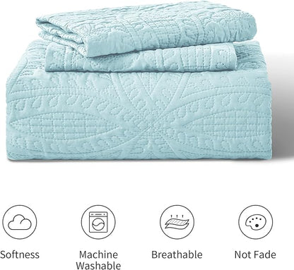 Love's cabin Quilts for Queen Bed Spa-Blue Bedspreads - Soft Bed Summer Lightweight Bedspread Comforter - Modern Style Coin Pattern Coverlet for All Season - 3 Pieces (1 Quilt, 2 Pillow Shams)