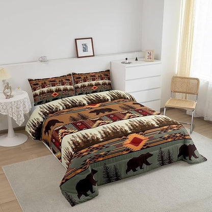 Feelyou Boho Comforter Set Toddler Size Bear Comforter for Boys Girls Teens Rustic Bedding Set Cabin Duvet Set Room Decor Olive Brown Quilt Set