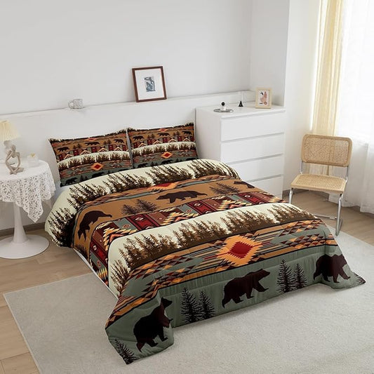 Feelyou Boho Comforter Set Twin Size Bear Comforter for Boys Girls Teens Rustic Bedding Set Cabin Duvet Set Room Decor Olive Brown Quilt Set