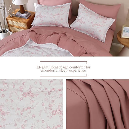 Luxudecor Floral King Comforter Set 7 Pieces Bed in a Bag, Blush Pink Rose Romantic Flower Bed Set, Soft Reversible Comforter with Sheet Set 104"x90"