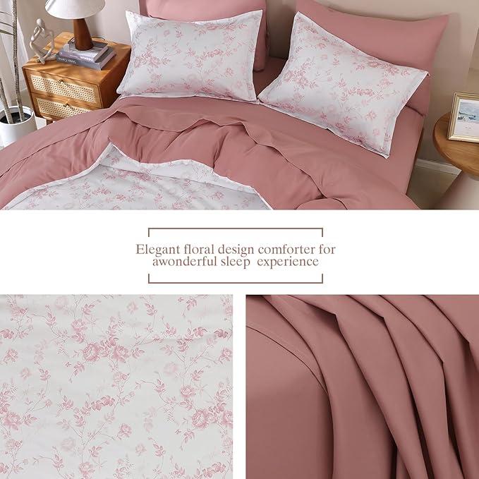 Luxudecor Floral Queen Comforter Set 7 Pieces Bed in a Bag, Blush Pink Rose Romantic Flower Bed Set, Soft Reversible Comforter with Sheet Set 90"x90"