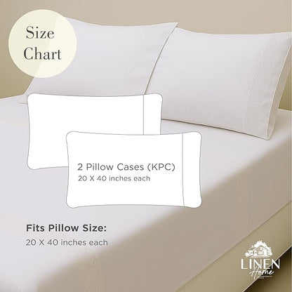 Linen Home 100% Cotton Percale Fluer Lace Pillowcases King Size, White, 2 Pieces of Pillow Case, Crisp and Cool Strong Bed Linen, 20 inches X 40 inches