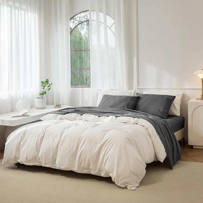 JIYUAN California King Size Sheet Set, 4-Piece - 100% Washed Cotton, Linen-Like Soft & Breathable, Includes Deep Pocket Fitted & Flat Sheet with 2 Pillowcases, Hotel Quality, Heathered Dark Grey