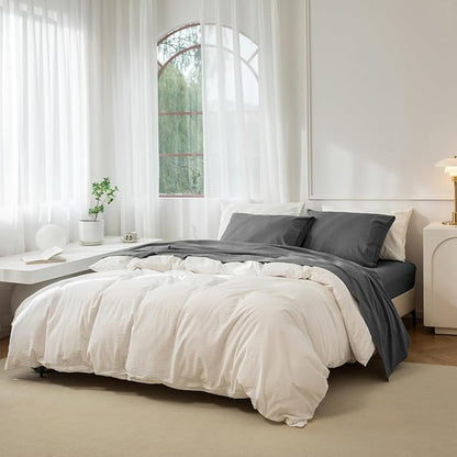 JIYUAN California King Size Sheet Set, 4-Piece - 100% Washed Cotton, Linen-Like Soft & Breathable, Includes Deep Pocket Fitted & Flat Sheet with 2 Pillowcases, Hotel Quality, Heathered Dark Grey