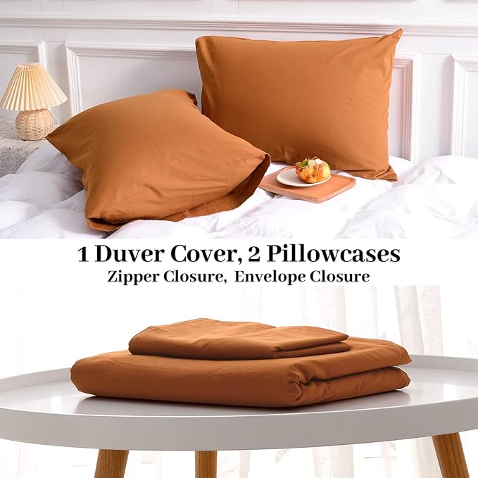 NEXHOME PRO Duvet Cover Set 100% Washed Cotton Oversized King 120"x98" Linen Feel Textured Organic Natural 3 Pieces Bedding Set Terracotta Burnt Orange with Zipper Closure Breathable(No Comforter)