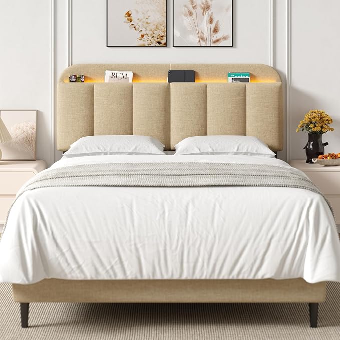 Queen Size Adjustable Headboard, Upholstered Headboard with Storage, APP Controlled LED Light, Padded Head Board Only, Sturdy Metal Foot Frame, Vertical Channel Design for Bedroom, Beige
