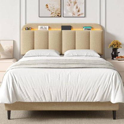 Queen Size Adjustable Headboard, Upholstered Headboard with Storage, APP Controlled LED Light, Padded Head Board Only, Sturdy Metal Foot Frame, Vertical Channel Design for Bedroom, Beige