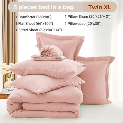 MUXHOMO 5 Pieces Twin XL Comforter Set, Soft Bed in a Bag Twin XL Size, All Season Bedding Set with Comforter, Flat Sheet, Fitted Sheet, Pillowcases & Shams, Rose Gold