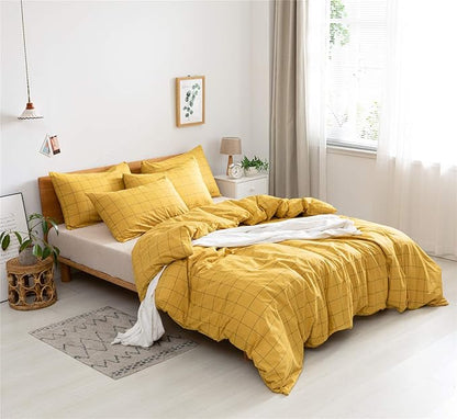 JELLYMONI 100% Natural Cotton 3pcs Plaid Duvet Cover Sets, Checkered Queen Comforter Cover, 1 Duvet Cover and 2 Pillow Shams with Zipper Closure & Corner Ties