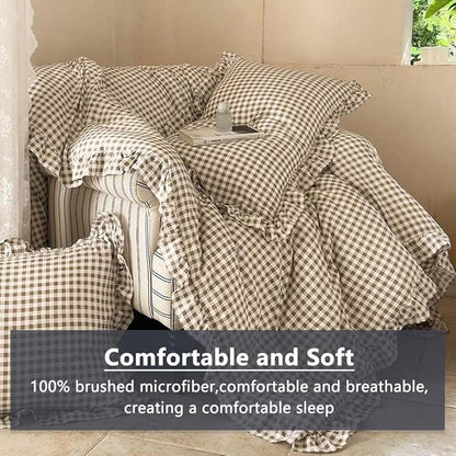 NSNLGSGC Tan Ruffle Gingham Comforter Set King, Pre-Washed Ruffled Taupe Plaid Checked Comforter Bedding, 3 Pieces Vintage Farmhouse Grid Bedding Set(Tan Gingham, King)