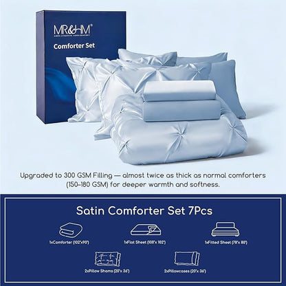 MR&HM Satin Comforter King 7 Pieces - Luxurious Pinch Pleat Bedding Set with Comforter, Flat Sheet, Fitted Sheet, Pillowcases & Shams, Super Silky Soft Bed Set for All Season (King, Blue Haze)