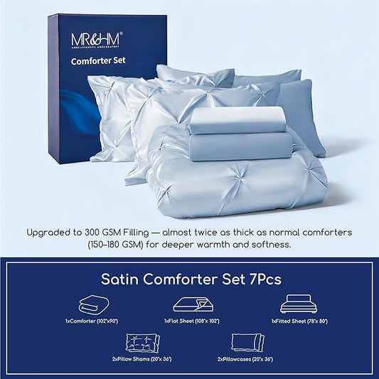 MR&HM Satin Comforter King 7 Pieces - Luxurious Pinch Pleat Bedding Set with Comforter, Flat Sheet, Fitted Sheet, Pillowcases & Shams, Super Silky Soft Bed Set for All Season (King, Blue Haze)