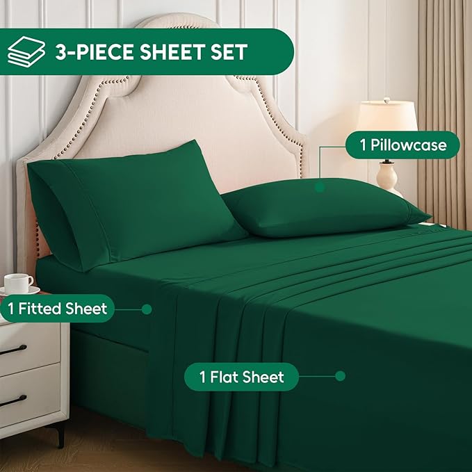 Twin Sheets Set, 3 Pieces Hotel Luxury Soft Microfiber Bed Sheets Set, Up to 16" Deep Pockets, Oeko-Tex Sheets with Elastic, Breathable, Wrinkle Free (Forest Green, Twin)