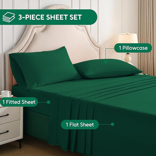 Twin Sheets Set, 3 Pieces Hotel Luxury Soft Microfiber Bed Sheets Set, Up to 16" Deep Pockets, Oeko-Tex Sheets with Elastic, Breathable, Wrinkle Free (Forest Green, Twin)