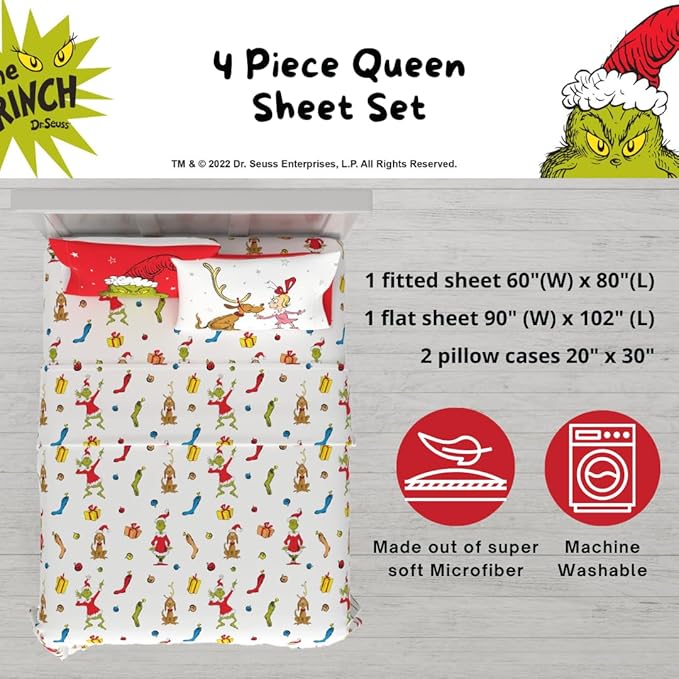 Collectibles Dr. Seuss The Grinch Holiday & Christmas Bedding Super Soft Microfiber 4 Piece Queen Sheet Set, (Officially Licensed Product) by Franco