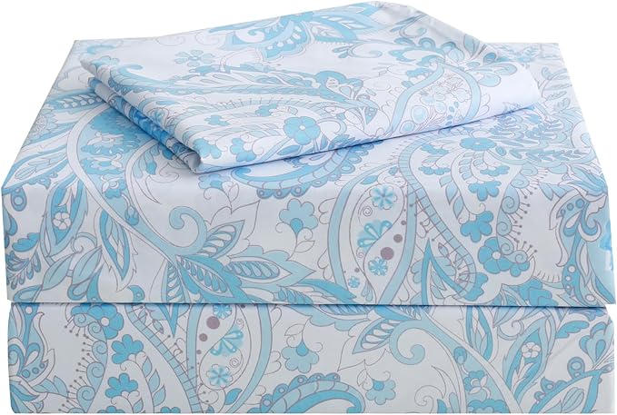 JSD Blue Paisley Sheet Set Twin Size, 3 Piece Soft Floral Printed Microfiber Sheets Extra Deep Pocket