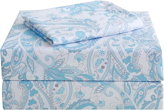JSD Blue Paisley Sheet Set Twin Size, 3 Piece Soft Floral Printed Microfiber Sheets Extra Deep Pocket