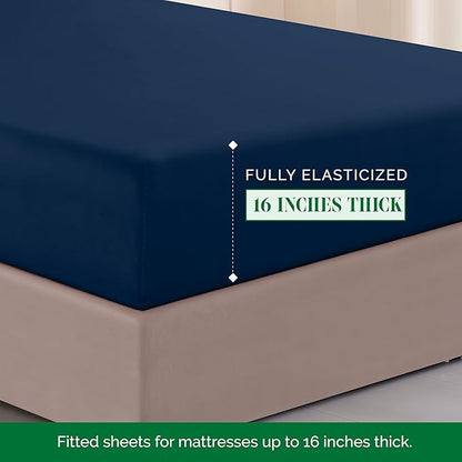 Elegant Comfort Luxurious 1500 Premium Hotel Quality Microfiber Three Line Embroidered Softest 4-Piece Bed Sheet Set, Wrinkle and Fade Resistant, Queen, Navy Blue