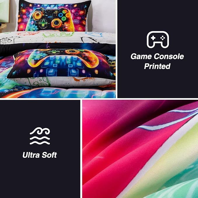 A Nice Night 5PC Game Console Comforter Set for Boys Girls Kids,Space Universe Gaming Like Rhythmic Music Style Lightweight Gamer Bedding,Twin