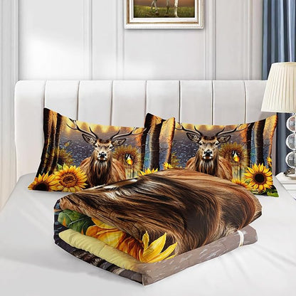 Deer Bedding Sets for Kids Boys Girls Room Decor,Hunting Themed Forest Sunflower Bedding Comforter Sets,Western Comforter Sets Woodland Camo Queen Bedding Set with 2 Pillowcases.