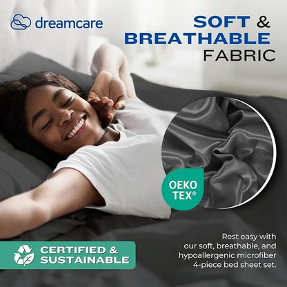 DREAMCARE Twin XL Sheet Set - Cooling Bed Sheets - 4pc Set - Up to 15" Deep Pocket Sheets - Soft & Long Lasting 100% Fine Brushed Polyester with Side Pocket - Gray