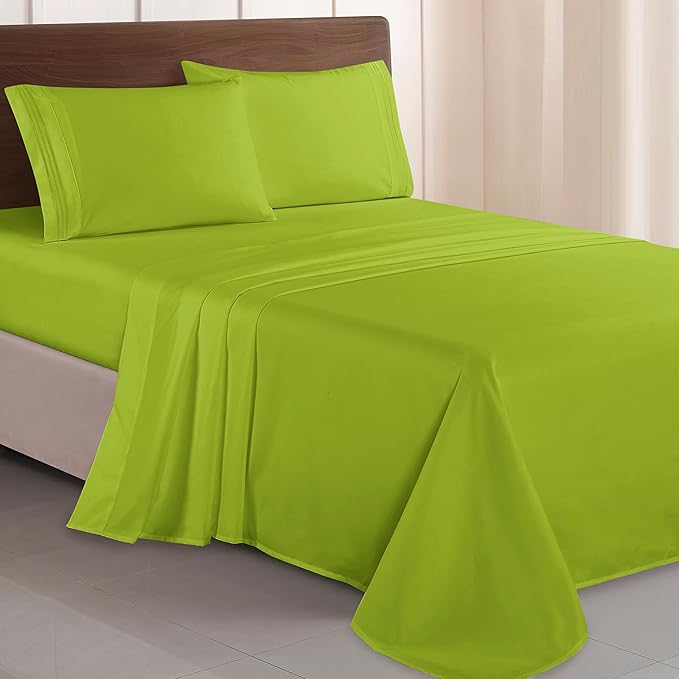 Elegant Comfort Luxurious 1500 Premium Hotel Quality Microfiber Three Line Embroidered Softest 4-Piece Bed Sheet Set, Wrinkle and Fade Resistant, Twin/Twin XL, Lime