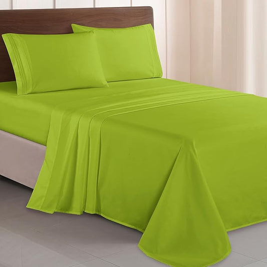 Elegant Comfort Luxurious 1500 Premium Hotel Quality Microfiber Three Line Embroidered Softest 4-Piece Bed Sheet Set, Wrinkle and Fade Resistant, Twin/Twin XL, Lime