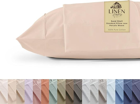 Linen Home 100% Cotton Percale Pillowcases Queen Size, Sand Shell, 2 Pieces of Pillow Case, Crisp and Cool Strong Bed Linen, 20 inches X 30 inches