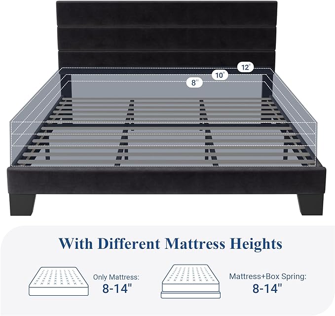 Allewie King Size Platform Bed Frame with Velvet Upholstered Headboard | Wooden Slats Support, Fully Upholstered Mattress Foundation, No Box Spring Needed, Easy Assembly, Noise-Free, Black