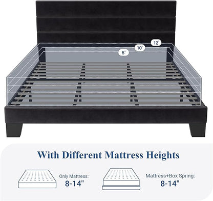 Allewie King Size Platform Bed Frame with Velvet Upholstered Headboard | Wooden Slats Support, Fully Upholstered Mattress Foundation, No Box Spring Needed, Easy Assembly, Noise-Free, Black