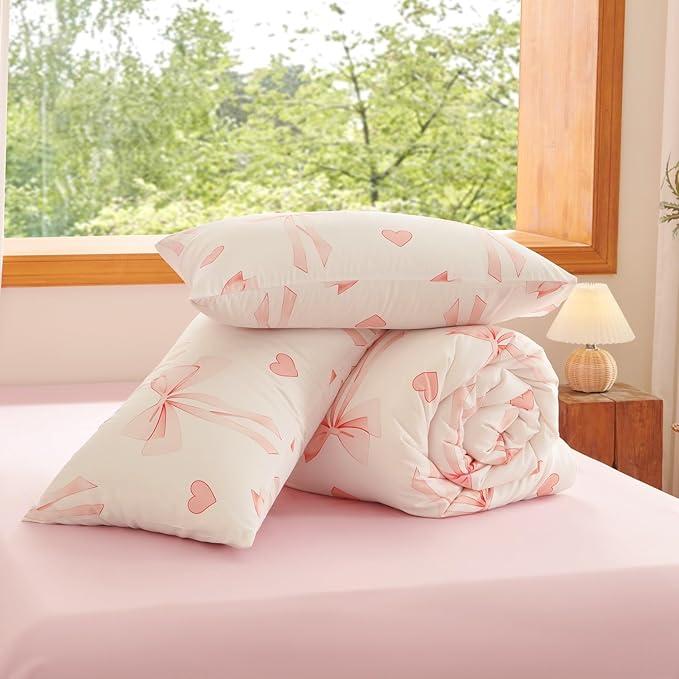 Pink Bow Comforter Set Twin Size - 2 Pieces Pink White Heart Comforter Bedding Sets Reversible Pattern,Twin Bed in a Bag for Girls Comforter and 1 Pillowcase