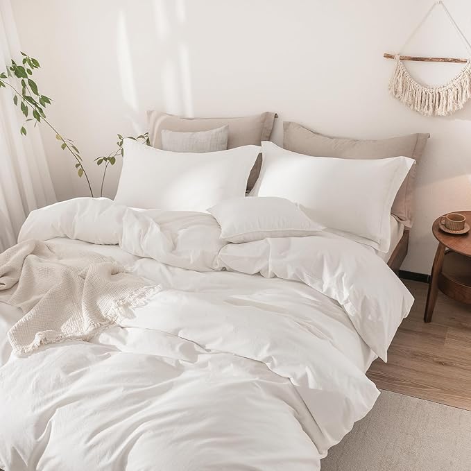 Linen Feel Duvet Cover Oversized King Size 120inch x 98inch,100% Washed Cotton Duvet Cover with Zipper Closure and 2 Pillowcases, Color of Off White